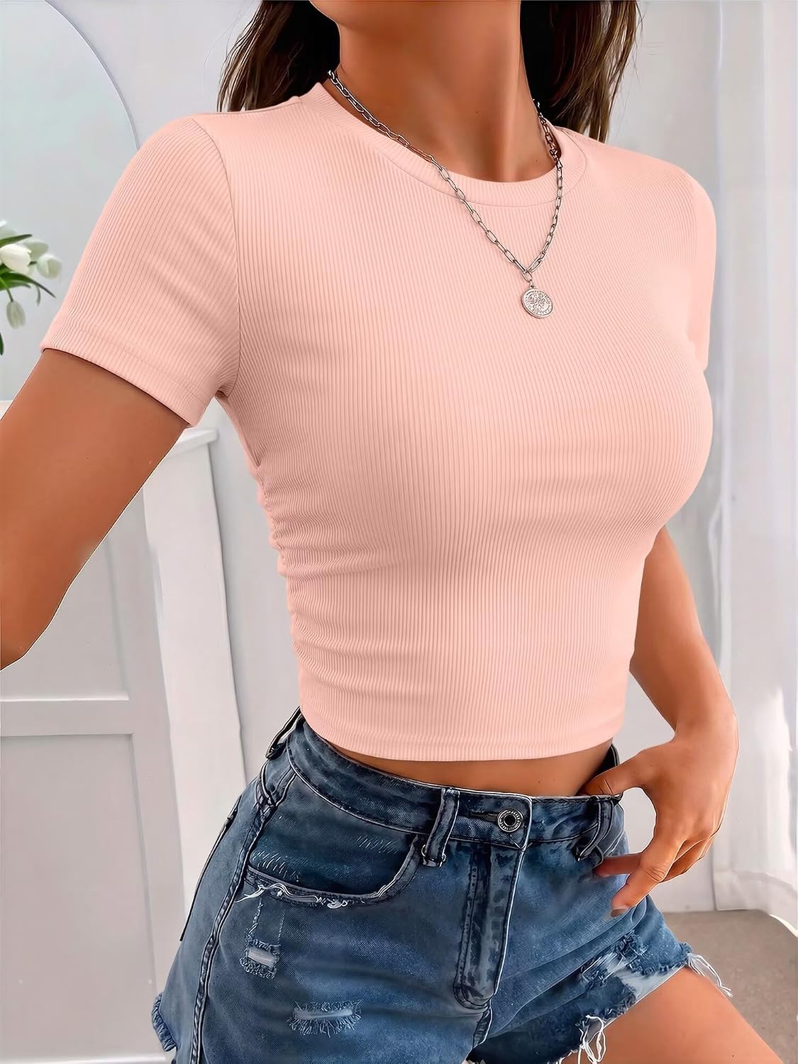 Casual Basic T Shirts Top Y2k Crop Tops Trendy Tight Tshirts Tee Slim Fit Clothes